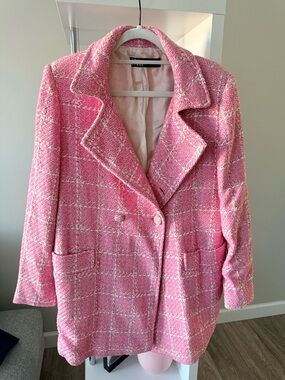 Zara Pink Tweed Double-Breasted Blazer Coat